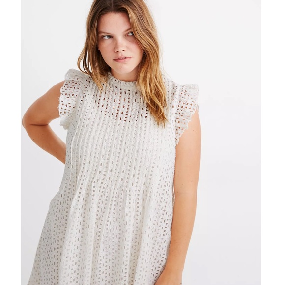 NWT Madewell Eyelet Ruffle-Sleeve Pintuck Mini Dress - Picture 2 of 16